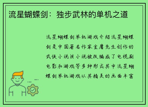 流星蝴蝶剑：独步武林的单机之道